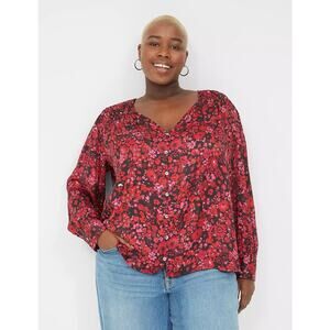 Lane Bryant Black Red Floral Button Front Satin Blouse NEW Womens Plus 26/28